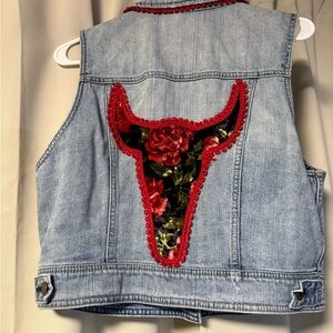 Embellished AE Denim Vest with Red Trim